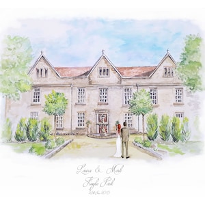 Ilustración del lugar de la boda con pareja / Lugar pintado a medida / Pareja y lugar / Sr. y Sra. / Imprimible / Regalo de boda personalizado