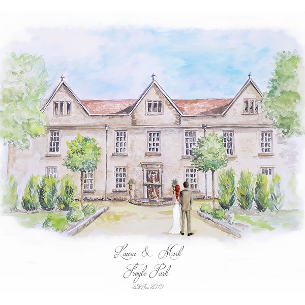 Wedding Venue Illustration with couple /Custom painted venue/ Couple and venue / Mr and Mrs/  printable /  personalised  Wedding present