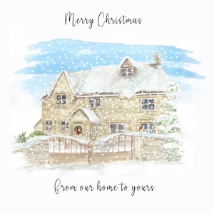 Gepersonaliseerde aquarelhuistekening voor kerstkaart, First Christmas in New Home Card - 1e kerst, kerstkaart,