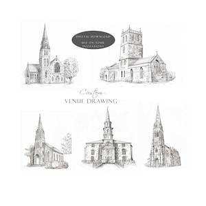 Custom Venue Sketch- Wedding venue hand drawn illustration - wedding present, anniversary, First Paper anniversary, church illustration