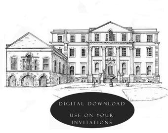 Illustration av Crowcombe Court: Handritad bröllopslokal (digital PNG-fil)
