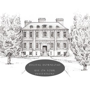 Puede incluir: Dibujo en blanco y negro de una gran casa tradicional con una fachada simétrica. La casa tiene una entrada central con un conjunto de escalones que conducen a ella. Hay árboles a ambos lados de la casa. El texto "DIGITAL DOWNLOAD USE ON YOUR INVITATIONS" está en la parte inferior de la imagen.