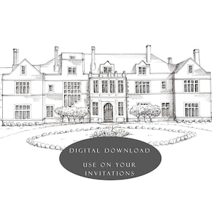 May include: A detailed black and white line drawing of a large building with multiple windows and a central entrance. The image includes the text "DIGITAL DOWNLOAD USE ON YOUR INVITATIONS" in a dark oval.