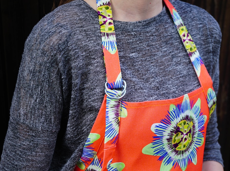 Orange Cotton Adult Passiflora Coral Apron Passion Flower Bespoke Hand Drawn Design Designer Botanical Adjustable