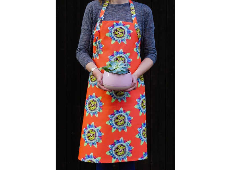 Orange Cotton Adult Passiflora Coral Apron Passion Flower Bespoke Hand Drawn Design Designer Botanical Adjustable