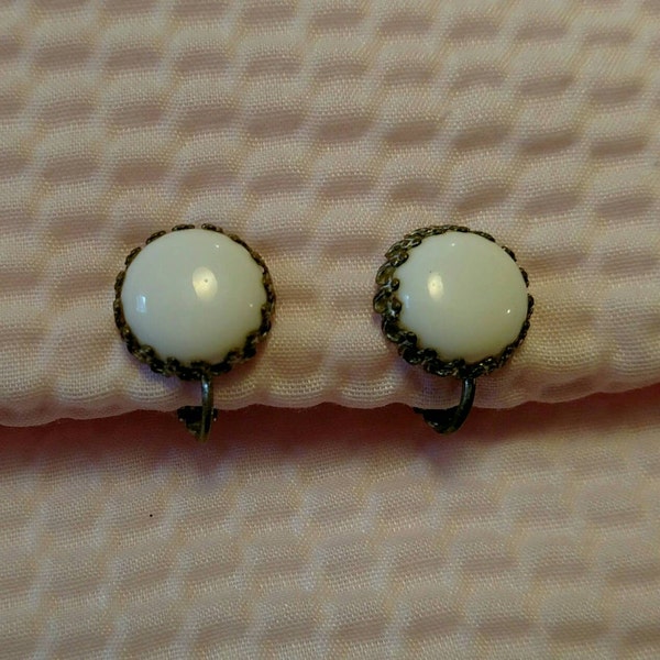 Signed Vintage Miriam Haskell milky white glass silver tone clip earrings