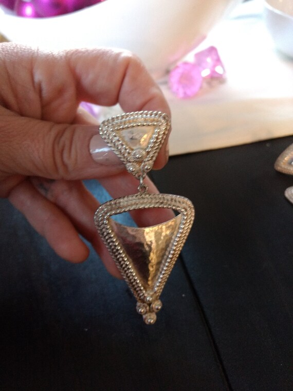 Bold silver drop triangle clip earrings - image 2