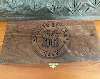 Handcrafted Pure Walnut Keepsake Box with Engraved U.S. Navy Emblem – Military Gift, Retirement, Promotion, or Graduation