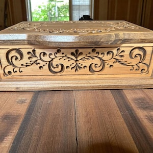 October Special! - 40 Dollars - Carved Ornate Pine Box with Blue Felt Lining
