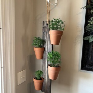 May include: A rustic wooden planter with three terracotta pots hanging from it. The planter is dark brown and has a distressed finish. The pots are filled with green plants.