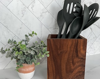 Wood Utensil Holder for Kitchen Counter — Handmade, Custom Color, Solid Hardwood Organizer
