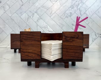 Wood Cocktail Napkin Holder — Handmade Hardwood, Custom Color & Wood, Coffee Bar Organizer