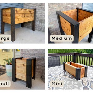 May include: Four wooden planters in various sizes: Large, Medium, Small, and Mini. Each planter features a natural wood interior and dark stained corner posts. The text labels each planter's size.