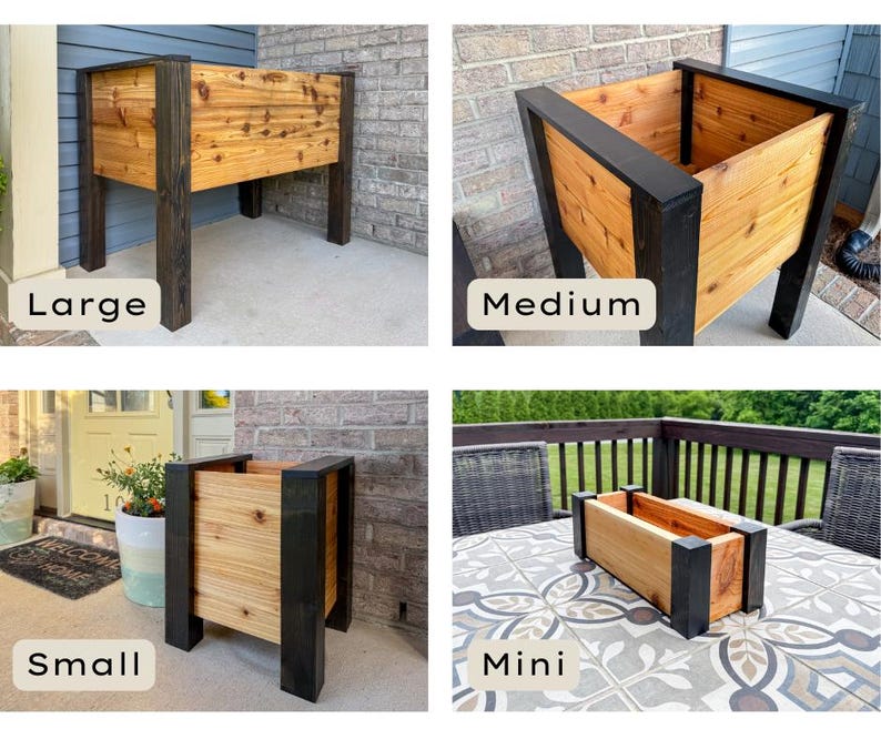 May include: Four wooden planters in various sizes: Large, Medium, Small, and Mini. Each planter features a natural wood interior and dark stained corner posts. The text labels each planter's size.