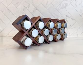 Wall Spice Rack for Kitchen Storage - Handmade Wood Display Organizer holds 18 Spice Jars