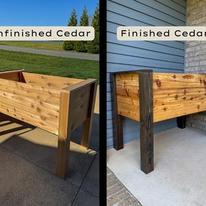 May include: Two wooden cedar planters, one unfinished and one finished with dark stain. The unfinished planter has a natural wood tone, while the finished planter has dark stained legs and trim. The text "Unfinished Cedar" and "Finished Cedar" are displayed.