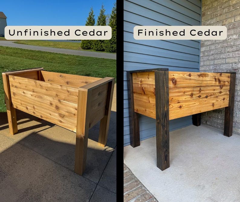 May include: Two wooden cedar planters, one unfinished and one finished with dark stain. The unfinished planter has a natural wood tone, while the finished planter has dark stained legs and trim. The text "Unfinished Cedar" and "Finished Cedar" are displayed.