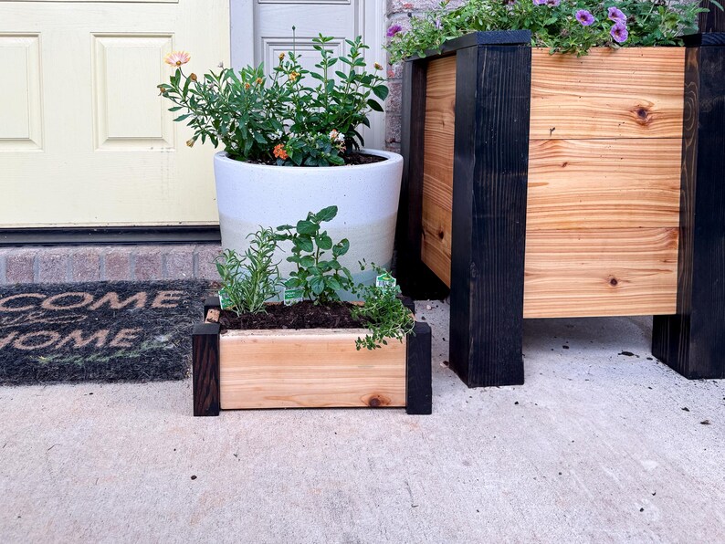 May include: A small wooden planter box with dark stained corners, filled with herbs, sits in front of a white ceramic pot and a larger wooden planter. The larger planter has black stained supports and holds purple flowers. The planters are on a concrete surface.