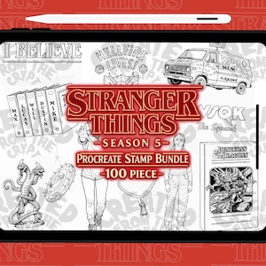 Puede incluir: Ilustración digital en una tableta con un paquete de sellos Procreate de la temporada 5 de "Stranger Things". La imagen incluye el logotipo del programa, ilustraciones de personajes y el texto "I Believe" y "Hellfire Lives!"