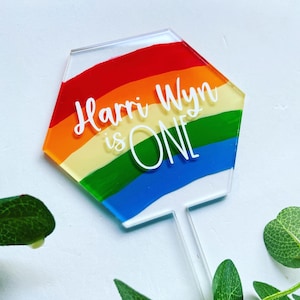 Personalised Bright Rainbow Cake Hexagon Topper Custom Name Text Number Age Acrylic Dessert Pick Baby Shower Birthday Modern Decoration Disc