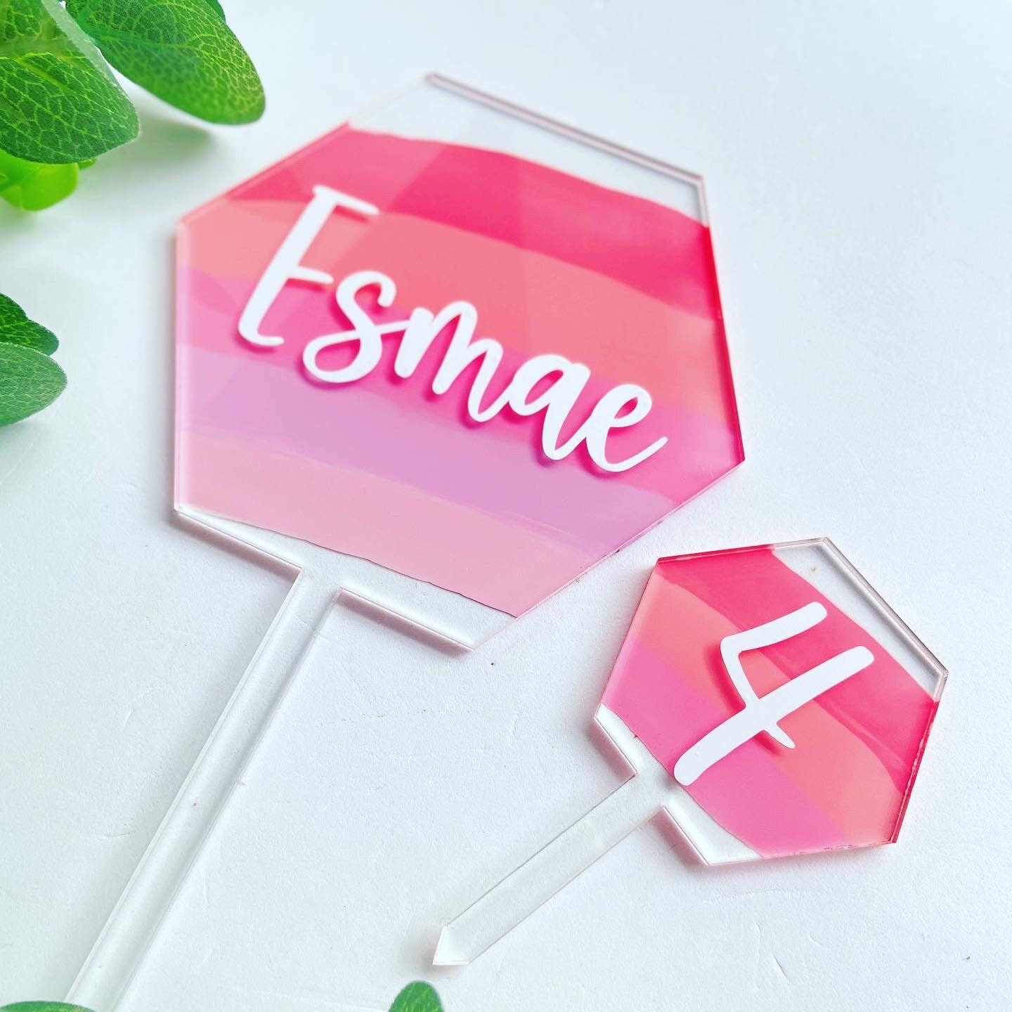 Personalised Pink Rainbow Hexagon Acrylic Cake Topper Birthday Cake Party Decoration Celebration Baby Shower Boy Girl Christening
