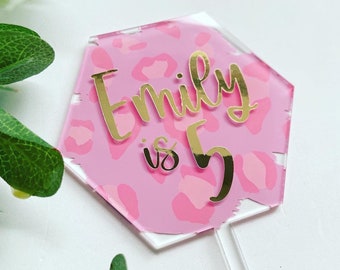 Personalised Pink Leopard Print Cake Topper Birthday Celebration Decoration Safari Animal Print