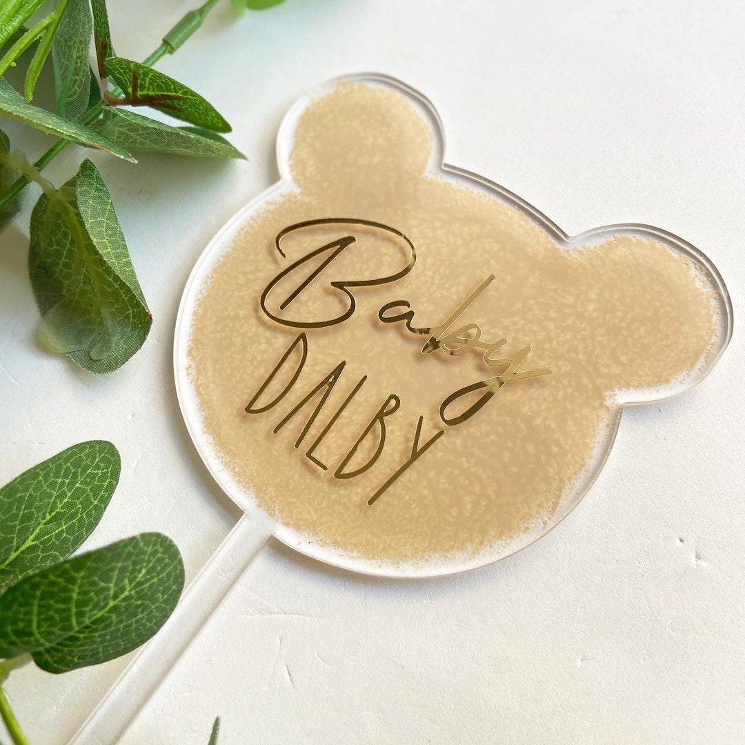 Personalised Teddy Bear Head Acrylic Cake Topper Baby Shower Gender ...
