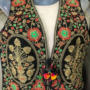 Indian ethnic vest/waist coat traditional hand embroidered beautiful Gold/Red/Green on a black base with pom pom Suit/Salwar Kameez/Jeans