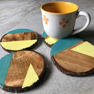 Round coasters set of 4 wood hand painted abstract coasters Beautiful acrylic on wood minimalist home decor. Gift for Her/House warming