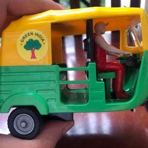 Set of 2. Indian Auto/auto-rickshaw green and yellow Indian toy/car/memento/Gift for Her/Gift for Him/Gift for child image 3