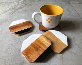 Geometric coasters set of 4 wood hand painted abstract coasters Beautiful acrylic on wood minimalist home decor. Gift for Her/House warming