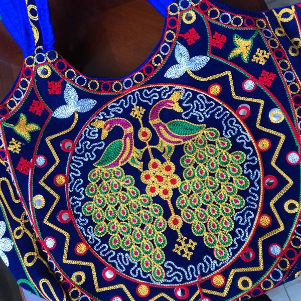 Embroidery Navy Blue purse bag dark blue colorful embroidery thread work traditional ethnic Peacock themed embroidered blue shoulder bag