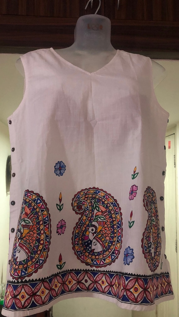 Indian hand painted top shirt kurta ethnic Madhubani/Mithila style hand-painted pure cotton white sleeveless kurti/kurta/shirt/top