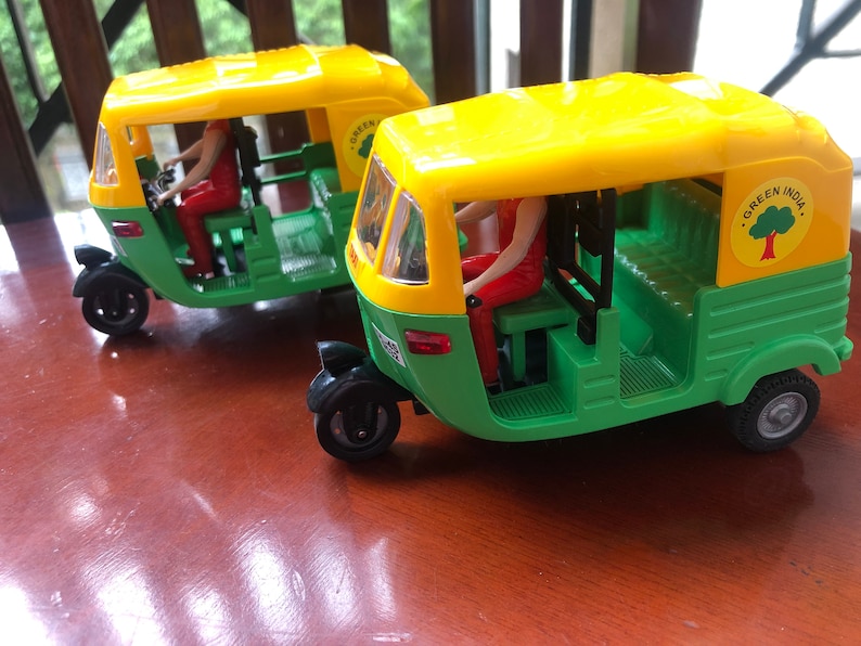 Set of 2. Indian Auto/auto-rickshaw green and yellow Indian toy/car/memento/Gift for Her/Gift for Him/Gift for child image 8