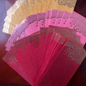 Set van 60. India Rood/Geel/Roze enveloppen met bladpatroon en gouden details. Cash houder / cadeau / bruiloft / Diwali / Aziatische / geld envelop