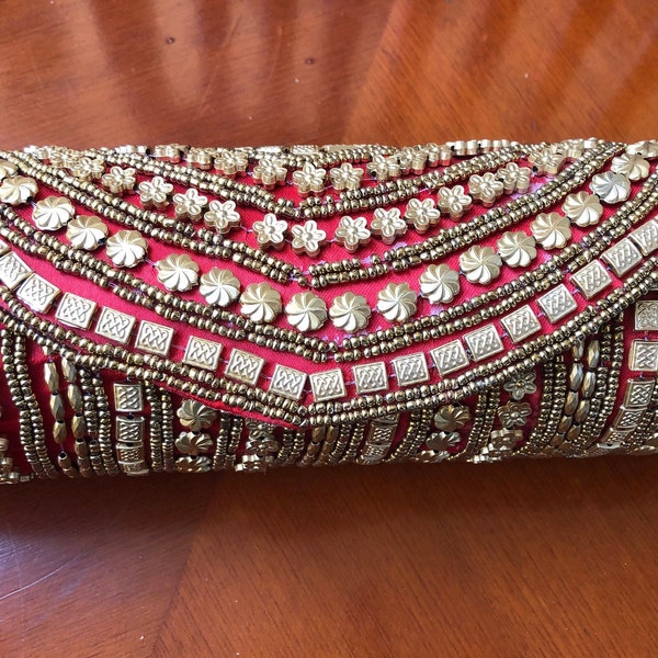 Bag Purse Clutch Red and Gold Indian ethnic circular cylinder shaped gold beads red base traditional beadwork clutch/shoulder bag