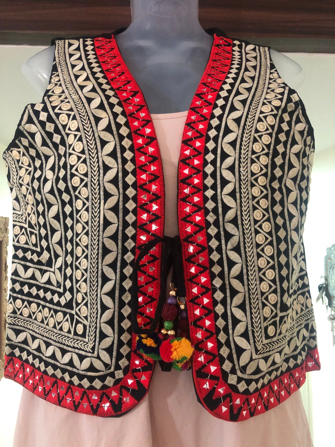 Traditional Embroidered Vest Waistcoat Beige/red Ethnic Indian Hand ...