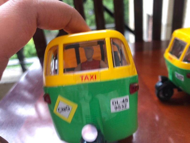 Set of 2. Indian Auto/auto-rickshaw green and yellow Indian toy/car/memento/Gift for Her/Gift for Him/Gift for child image 2