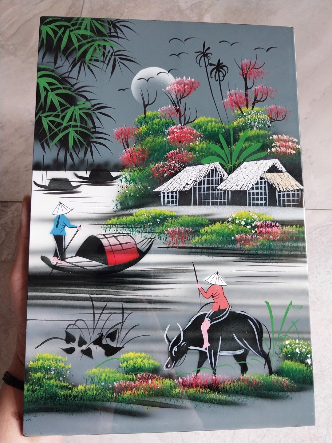 Vietnamese Lacquer Painting Grey Painting Vietnamese Village Scene ...