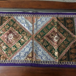 Table Runner Indian traditional colorful elegant fully embroidered/sequined grey/maroon/green on purple base table runner/cover/wall hanging