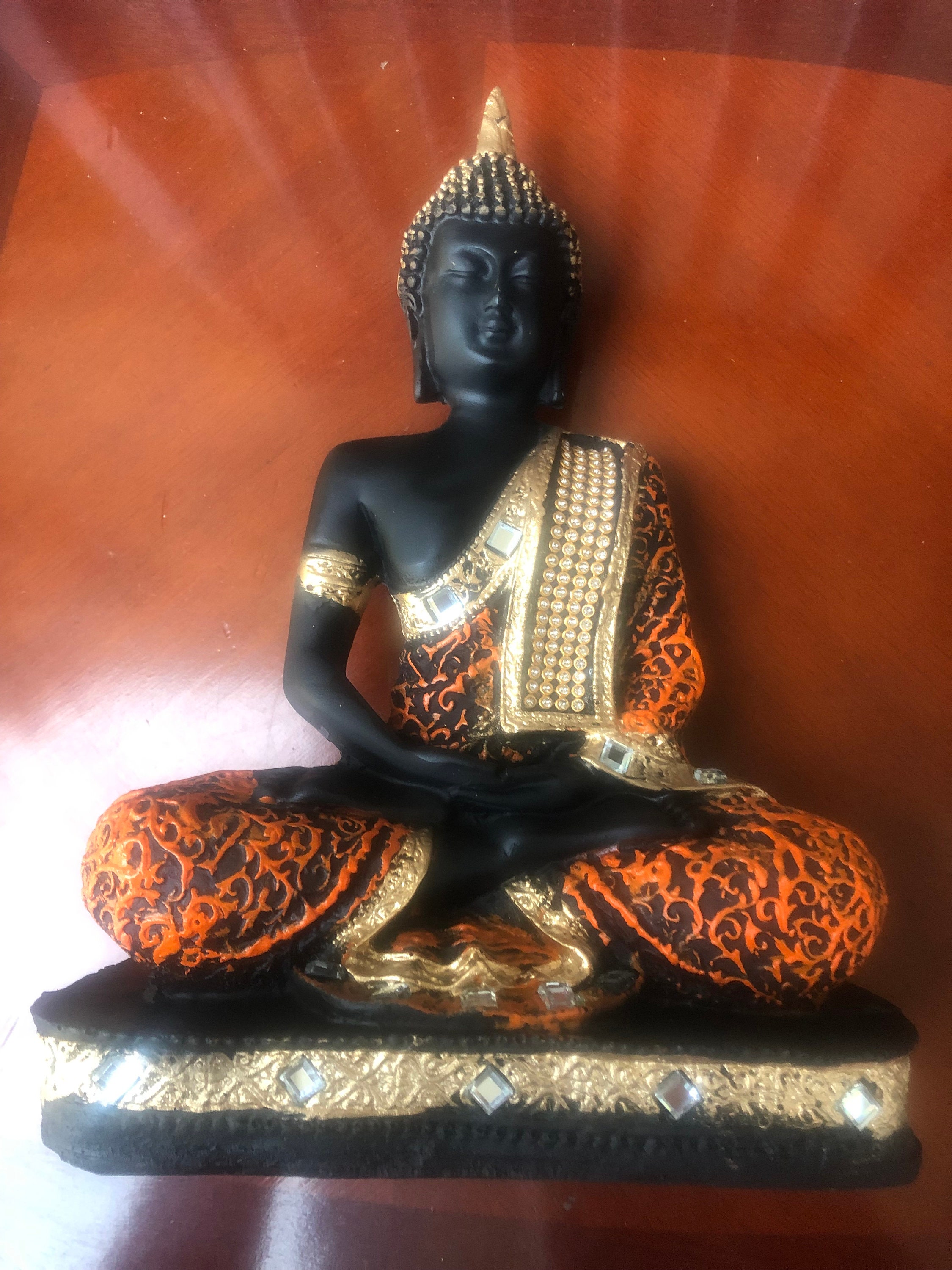 Estatua de Buda - Vestido de cuerpo negro, antigüedades azules, 8 pulgadas  de alto, patrón decorativo, mantra, buda, decoración del hogar, oficina