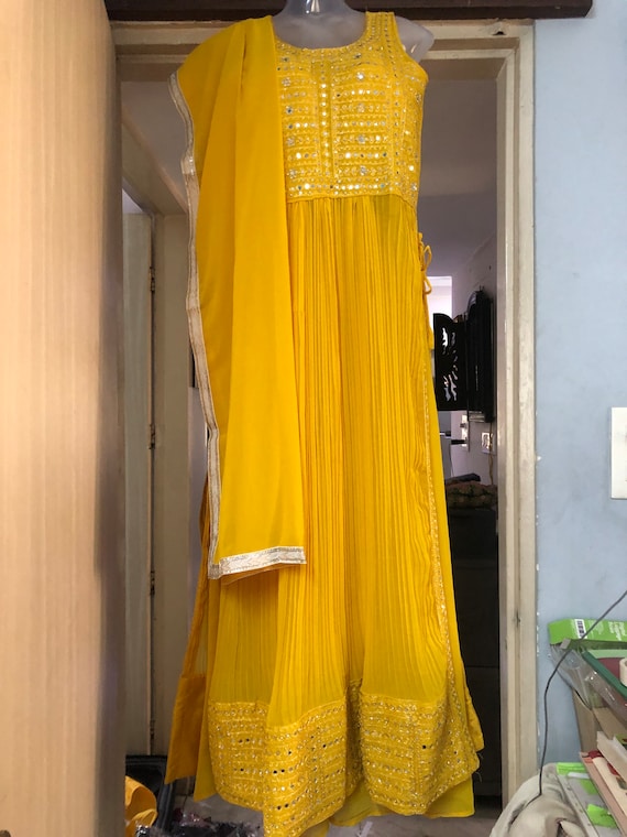 open lace back dress Lime Yellow Pakistani Party Dress in Pishwas Style  Nameera by Farooq