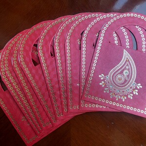 Shagun-enveloppen set van 10 Indiase ambi rode en gouden shagun-tas/handvat geldenveloppen voor bruiloft/diwali/holi/bruidsfeest/eid/Pakistaans