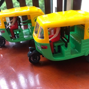 Set of 2. Indian Auto/auto-rickshaw green and yellow Indian toy/car/memento/Gift for Her/Gift for Him/Gift for child image 4