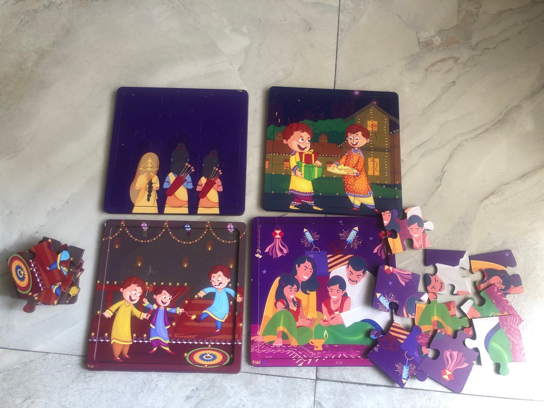 Colorful Puzzle Set of 4 Diwali Indian Theme Puzzle Diwali Deepavali Gift for Kids NRI Kids Gift