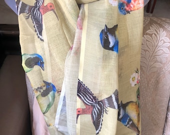 Bufanda de lino indio con estampado digital dupatta lino algodón pájaros étnicos tradicionales bufanda inspirada en la naturaleza / estola / dupatta / chunni / envoltura / Regalo para ella