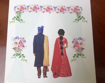 Indian wedding personalized card Muslim Hindu bride groom greeting card. Congratulations South Asian shaadi attire dulha dulhan card