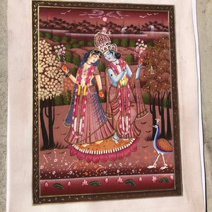 Radha Krishna Pintura estilo Rajasthani Pintura en miniatura Pintura étnica espiritual india Pintura tradicional de dioses y diosas indios