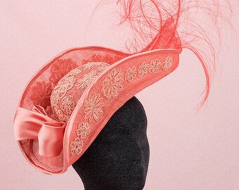 Peach Lace  Couture Millinery , Peach and Lace  Fascinator ,  Couture Millinery,  Melbourne Cup,  Spring Racing Carnival,  Racing Fashion