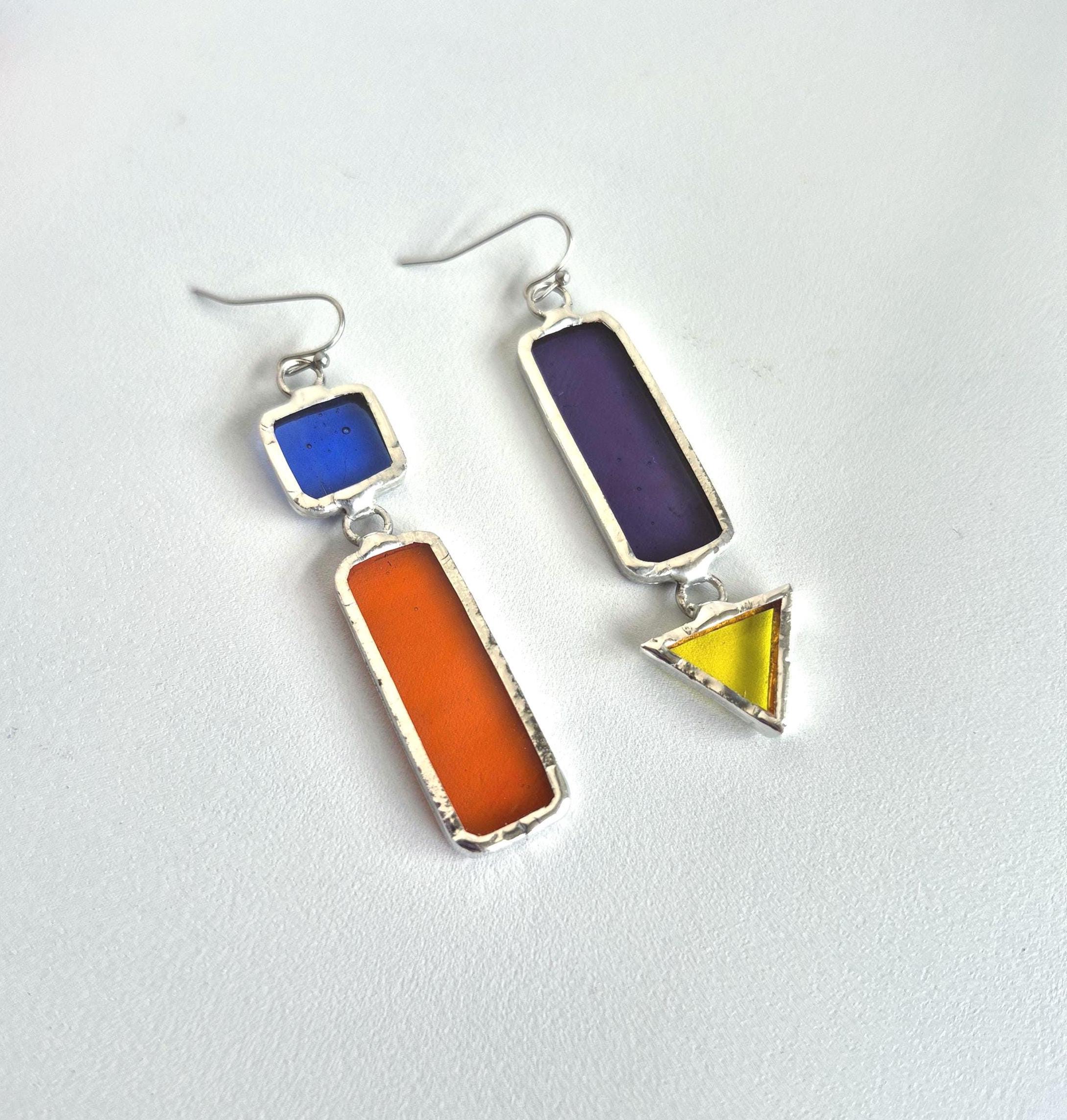 Asymmetrical Colorful Stained Glass Earrings | Geometric Rectangle